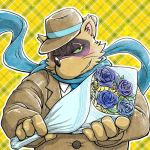  2018 anthro blush brown_fur canine clothing flower fur green_eyes male mammal necktie one_eye_closed overweight overweight_male plant rockmai3 scarf sengoku_puzzle shirt solo tanuki tokugawa_ieyasu wink 