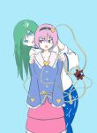  2girls black_hairband blue_background blue_shirt blue_skirt buttons collared_shirt commentary_request detached_sleeves eyeball frilled_shirt_collar frilled_sleeves frills frog_hair_ornament green_hair hair_ornament hairband hands_on_another&#039;s_shoulders heart heart_button heart_hair_ornament hiding hiding_behind_another highres kochiya_sanae komeiji_satori long_sleeves multiple_girls open_mouth pink_hair pink_skirt shirt skirt sleeves_past_fingers sleeves_past_wrists textless_version third_eye touhou wide_sleeves yamori_(yamoyamo0909) 