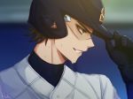  ace_of_diamond adjusting_headwear artist_name baseball_helmet baseball_uniform black_gloves blue_background blurry blurry_background brown_eyes brown_hair glasses gloves helmet hichi(hichi) male_focus miyuki_kazuya parted_lips signature sportswear sweat upper_body 