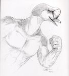  2012 5_fingers abs anthro avian beak biped bird black_and_white collarbone duck eider feathers fist flexing half-length_portrait hatching_(technique) humanoid_hands ironfeathers king_eider leaning leaning_forward male monochrome muscular muscular_male neck_muscles nude open_beak open_mouth open_smile pecs pencil_(artwork) portrait refkell_unnarson shadow signature simple_background smile solo traditional_media_(artwork) white_background 