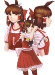  1girl absurdres animal_ears ascot back_bow black_thighhighs bow breasts brown_eyes brown_hair closed_mouth collared_shirt detached_sleeves frilled_ascot frilled_hair_tubes frilled_shirt_collar frilled_skirt frills from_side hair_bow hair_tubes hakurei_reimu highres horse_ears ikee_ts large_bow looking_at_viewer medium_hair multiple_views pleated_skirt puffy_short_sleeves puffy_sleeves red_bow red_ribbon red_shirt red_skirt ribbon ribbon-trimmed_sleeves ribbon_trim shirt short_sleeves simple_background skirt sleeveless sleeveless_shirt small_breasts solo suspenders thighhighs touhou umamusume white_background white_shirt wide_sleeves yellow_ascot 