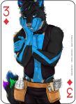  2018 abs anthro biceps black_fur blue_eyes blue_fur bow_tie canine card clothed clothing digital_media_(artwork) english_text eye_piercing faolan_aviternal fonyaa fur hair hybrid looking_at_viewer male mammal muscular muscular_male navel pecs piercing playing_card simple_background smile solo standing text waiter white_background wolfdog 