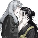  1boy 2boys absurdres adam&#039;s_apple black_robe blue_hair brain closed_eyes da_re666 getou_suguru getou_suguru_(kenjaku) hand_up highres jujutsu_kaisen kenjaku kiss kissing_forehead long_hair low-tied_long_hair mahito_(jujutsu_kaisen) male_focus multiple_boys pale_skin robe simple_background stitched_arm stitched_face stitched_forehead stitched_neck stitches white_background x-ray 