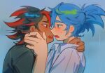  2boys after_kiss alternate_universe black_hair black_shirt blue_hair blush cloud cloudy_sky collared_shirt colored_tips commentary dark-skinned_male dark_skin dollychoux eye_contact from_side green_eyes hand_on_another&#039;s_neck humanization looking_at_another male_focus multicolored_hair multiple_boys open_mouth parted_bangs ponytail profile rain red_eyes red_hair saliva saliva_trail shadow_the_hedgehog shirt sky sonic_(series) sonic_the_hedgehog sweat teeth tongue upper_body upper_teeth_only white_shirt wing_collar yaoi 