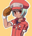  adjusting_clothes adjusting_hat breast_pocket brown_gloves cabbie_hat cosplay dark_skin gloves hat muu_(mumumer) pocket red_eyes rockman rockman_dash roll_caskett roll_caskett_(cosplay) sera_(rockman_dash) short_hair simple_background solo upper_body yellow_background zipper zipper_pull_tab 