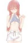  1girl bare_arms bare_shoulders blue_camisole blush breasts camisole closed_mouth clothes_lift collarbone commentary_request cowboy_shot dot_nose drawstring hair_between_eyes hair_ornament hands_up lifting_own_clothes long_hair looking_at_viewer medium_breasts midriff navel no_pupils pink_hair purple_eyes pwpk8keo2mpehso shirt_lift short_shorts shorts sidelocks simple_background solo spaghetti_strap standing straight_hair strap_pull thigh_gap tonikaku_kawaii underboob white_background white_shorts yuzaki_tsukasa 