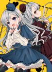  2girls :d black_nails black_ribbon black_thighhighs blue_capelet blue_eyes blue_hat blue_skirt blush braid braided_bangs brown_dress brown_eyes brown_hat capelet commentary_request cross cross_earrings dress earrings floating_hair grey_hair hair_over_shoulder hair_ribbon hand_to_own_mouth hands_up hat highres hisakawa_hayate hisakawa_nagi idolmaster idolmaster_cinderella_girls idolmaster_cinderella_girls_starlight_stage jewelry latin_cross long_hair long_sleeves low_twintails multiple_girls nail_polish pleated_skirt puffy_long_sleeves puffy_sleeves ribbon rino_cnc shirt siblings sisters skirt sleeves_past_wrists smile thighhighs twins twintails very_long_hair white_shirt yellow_background 