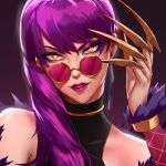  bangs bare_shoulders braid claw_(weapon) claws commentary earrings evelynn eyelashes eyeshadow face fur_trim glasses hand_up head_tilt jewelry k/da_(league_of_legends) k/da_evelynn league_of_legends lips lipstick long_hair looking_at_viewer makeup mascara non_(nonzile) nose parted_lips pince-nez portrait purple-tinted_eyewear purple_hair purple_lipstick round_eyewear side_braid smile solo sunglasses swept_bangs tinted_eyewear weapon yellow_eyes 
