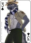 2018 abs anthro badge canine card clothed clothing dog english_text fonyaa fur grey_fur hat jacket looking_at_viewer male mammal muscular muscular_male navel orange_eyes pants pecs playing_card scarf simple_background smile solo standing text 