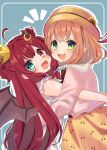  2girls :d blue_background blue_eyes blush brown_dress brown_hat brown_wings cherry_print commentary_request demon_girl demon_horns demon_wings dress drop_shadow fang flower food_print fruit_print green_eyes hair_between_eyes hair_bobbles hair_ornament hat hat_flower heterochromia highres honma_himawari honma_himawari_(6th_costume) horns jacket long_hair long_sleeves looking_at_viewer multiple_girls nijisanji notice_lines orange_hair pink_jacket pleated_dress print_dress red_eyes red_hair rino_cnc round_teeth sidelocks sleeveless sleeveless_dress smile sunflower teeth two_side_up upper_teeth_only very_long_hair virtual_youtuber white_dress wings yellow_flower yuzuki_roa yuzuki_roa_(3rd_costume) 