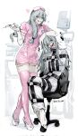  2boys alternate_costume barefoot blue_eyes blue_hair da_re666 dress dual_persona fangs full_body grin hair_down hat heart heterochromia high_heels highres holding holding_syringe hospital jujutsu_kaisen latex latex_thighhighs long_hair low-tied_long_hair mahito_(jujutsu_kaisen) male_focus messy_hair multiple_boys name_tag nurse nurse_cap pale_skin pink_dress pink_thighhighs shoes short_sleeves smile stitched_arm stitched_face stitched_groin stitched_leg stitched_neck stitches straitjacket swivel_chair syringe thighhighs tongue tongue_out twitter_username white_background white_shoes yellow_eyes 