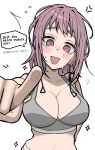  1girl absurdres aguxxxuu anger_vein breasts chainsaw_man earrings english_text fami_(chainsaw_man) flying_sweatdrops grey_sports_bra highres jewelry large_breasts mole mole_under_eye mole_under_mouth open_mouth pointing pointing_at_viewer purple_eyes purple_hair red_pupils ringed_eyes solo speech_bubble sports_bra sweat 