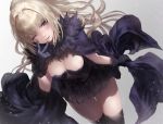  black_gloves black_legwear blonde_hair blunt_bangs blush breasts cleavage commentary_request dress dutch_angle fangs fur_collar fur_trim gloves gradient gradient_background haori_iori highres holding long_hair looking_at_viewer medium_breasts one_eye_closed open_mouth original purple_eyes short_dress simple_background solo sparkle thighhighs 