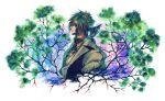 au_ra brown_jacket clutch2130 final_fantasy final_fantasy_xiv glasses green_eyes green_hair highres jacket jewelry male_focus multicolored_hair necklace neru_(ffxiv) profile red_hair streaked_hair tree upper_body 
