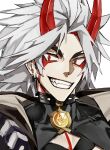  1boy absurdres arataki_itto choker da_re666 facepaint fangs genshin_impact grin highres horns long_hair male_focus oni pale_skin portrait red_horns smile solo spiked_choker spikes vision_(genshin_impact) white_hair 