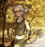  2018 anthro athletic blind_eye blonde_hair breasts brown_fur burn chloe_(hunglee) clothing feline female fur hair headphones hi_res holding_object hunglee jogging leopard mammal outside red_eyes scar solo yellow_fur 