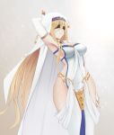  absurdres arm_behind_head armpits blindfold blonde_hair breasts bridal_veil cleavage dress elbow_gloves gloves goblin_slayer! gold habit highres hips jewelry large_breasts long_hair necklace no_panties parted_lips qiye_luoying revealing_clothes scales solo sword_maiden thighs veil very_long_hair white_dress 