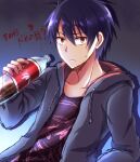  1boy black_hoodie blood_tune blue_hair bottle chaos;head character_print hair_between_eyes highres holding holding_bottle hood hoodie jacket looking_at_viewer male_focus nervous_sweating nishijou_myu nishijou_takumi open_clothes open_jacket science_adventure seira_orgel short_hair solo sweat 