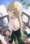  1girl absurdres asymmetrical_gloves bare_shoulders black_gloves black_ribbon blue_sky blush breasts brown_hair cloud cloudy_sky commentary_request day elbow_gloves fingerless_gloves girls&#039;_frontline girls&#039;_frontline_2:_exilium gloves green_eyes green_gloves green_skirt hair_ribbon highres lainie_(girls&#039;_frontline_2) large_breasts looking_at_viewer mismatched_gloves radoremo ribbon shirt single_elbow_glove sitting skirt sky soles solo star-shaped_pupils star_(symbol) symbol-shaped_pupils two_side_up ump40_(girls&#039;_frontline) wariza white_shirt 