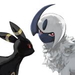  absol bright_pupils closed_mouth glaring highres jiong_(mwmy3532) looking_at_viewer no_humans pokemon pokemon_(creature) pokemon_focus red_eyes simple_background umbreon white_background white_fur white_pupils 