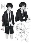  ... 1boy alternate_costume arm_at_side bag black_hair black_jacket black_necktie black_shorts black_sleeves blazer blunt_ends blush cable collared_shirt contemporary cropped_legs earphones english_text eyelashes eyeliner eyeshadow genshin_impact hair_between_eyes hair_ornament hairclip highres holding holding_pen jacket lapels layered_sleeves long_sleeves looking_at_viewer looking_to_the_side makeup male_focus multiple_views musical_note necktie open_clothes open_jacket pale_skin paper parted_lips pen purple_bag purple_eyes red_eyeliner red_eyeshadow scaramouche_(genshin_impact) school_uniform shirt shorts shoulder_bag solo spoken_ellipsis sweatdrop unbuttoned white_background white_shirt white_sleeves wispy_bangs yoruli_e 