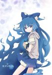  blue_bow blue_eyes blue_hair bow commentary_request eyebrows_visible_through_hair hair_bow hood hood_down hoodie long_hair looking_at_viewer pote_(ptkan) short_sleeves simple_background skirt smile solo stuffed_animal stuffed_cat stuffed_toy touhou very_long_hair yorigami_shion 