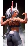  166_172 1girl alternate_costume animal_ears ass back bare_shoulders biceps boku_no_hero_academia breasts clenched_hands commentary corrupted_twitter_file criss-cross_back-straps dark-skinned_female dark_skin english_commentary flexing from_behind grey_pants grey_sports_bra hair_between_eyes hand_up highres large_breasts long_eyelashes long_hair looking_at_viewer looking_back median_furrow mirko muscular muscular_female pants pillarboxed ponytail rabbit_ears rabbit_girl rabbit_tail red_eyes shoulder_blades smile solo sports_bra steaming_body sweat tail tail_through_clothes thighs very_long_hair white_hair yoga_pants 