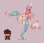 absurd_res anthro arc_system_works big_breasts blonde_hair blue_body blush blushing_profusely breasts covering covering_breasts duo exclamation_point feet female genitals guilty_gear hair hi_res humor hybrid ippan_josei larger_female meme my_hero_academia nipples nude pink_nipples plushie pubes quirked_human_(my_hero_academia) raised_leg shocked size_difference soaked sol_badguy solo surprised tall_female thebeanghost_(artist) towel vulva wet wet_hair