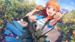  1girl 2025 ahoge arm_up artist_logo assault_rifle bag blue_jacket blue_sky bow breasts cleavage clothes_around_waist dated_commentary dutch_angle food fruit galil_ace grey_skirt gun hair_bow highres hiroki_ree holding holding_food holding_fruit jacket jacket_around_waist logo looking_at_viewer love_live! love_live!_sunshine!! magazine_(weapon) mandarin_orange medium_breasts medium_hair mount_fuji open_mouth orange_(fruit) orange_hair pinky_out pleated_skirt red_eyes rifle shirt shoulder_bag skirt sky smile solo takami_chika teeth upper_teeth_only weapon white_shirt yellow_bow 