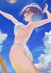  1girl ame_(uten_cancel) armpits arms_up asakura_toru ass beach_volleyball bikini blue_hair blue_sky breasts cloud commentary day earrings from_side gradient_hair grey_hair hair_ornament hairclip highres idolmaster idolmaster_shiny_colors jewelry large_breasts multicolored_hair open_mouth outdoors playing_sports profile purple_hair side-tie_bikini_bottom sky smile solo strap_gap stud_earrings swimsuit thighs underboob volleyball white_bikini 