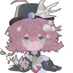  1boy 1girl :&lt; ahoge bird_hair_ornament black_cape black_hat blue_eyes bow bowtie brown_hair cape chibi chumu_(axi6450066) flower flutterpage flutterpage_(gently_comes_the_thawing_breeze) hair_flower hair_ornament hat lily_of_the_valley looking_at_viewer official_alternate_costume reverse:1999 short_twintails twintails upper_body white_bow white_bowtie white_flower 