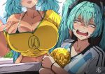  2girls against_glass aqua_hair argentinian_miku asociacion_de_futbol_argentina bikini black_bikini blue_eyes brazilian_miku breast_press breasts breasts_on_glass fifa_world_cup_trophy hand_on_glass hatsune_miku jersey jk_arts large_breasts multiple_girls open_mouth shirt soccer_uniform sportswear sweat swimsuit tan tanlines twintails vocaloid world_cup yellow_shirt 