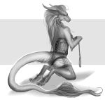  2018 anthro barefoot breasts clothed clothing digital_media_(artwork) dragon female fur furred_dragon grey_fur greyscale horn isvoc monochrome ridged_horn smile solo 