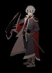  1boy armor armored_boots black_background black_cape black_coat black_gloves black_headband black_pants boots brown_boots cape closed_mouth coat doppelganger_schezo fingerless_gloves full_body gloves hand_on_hilt headband lirio_(nikori9) long_sleeves looking_at_viewer male_focus open_clothes open_coat pants parted_bangs puyopuyo red_cape red_eyes scabbard sheath sheathed short_hair shoulder_armor simple_background solo standing sword two-sided_cape two-sided_fabric weapon white_hair 