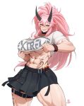  abs breasts fishnets highres horns large_breasts leg_tattoo long_hair muscular muscular_female okasbasement original pink_hair ponytail scar scar_across_eye scar_on_face skirt stomach_tattoo tattoo thighs underboob yellow_eyes 