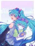  1boy 1girl absurdres antenna_hair arm_tattoo basil_(headspace)_(omori) basil_(omori) black_skirt blue_eyes blue_hair blue_overalls book closed_mouth crossed_arms detached_sleeves double-parted_bangs flower green_eyes green_hair green_shirt hatsune_miku head_wreath headset highres holding holding_book long_hair long_sleeves looking_at_viewer omori open_mouth overalls pleated_skirt shea_e shirt short_hair short_sleeves skirt smile t-shirt tattoo teeth twintails upper_teeth_only vocaloid 