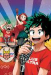  3boys all_might bakugou_katsuki band blonde_hair boku_no_hero_academia brown_eyes brown_hair cover cover_page curly_hair drum drum_set drumsticks electric_guitar green_eyes green_hair guitar highres horikoshi_kouhei instrument jumping leggings looking_at_viewer manga_cover md5_mismatch microphone midoriya_izuku multiple_boys music official_art open_mouth shirt shoes short_hair shounen_jump skirt smile sneakers star t-shirt textless uraraka_ochako 