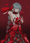  1girl absurdres arm_up armpits bandage_over_one_eye bare_shoulders black_pantyhose black_skirt braid breasts changecolor commentary dress earrings flower grey_eyes grey_hair halter_dress halterneck highres holding holding_flower jewelry long_hair looking_at_viewer medium_breasts pantyhose parted_lips phrolova_(wuthering_waves) red_dress red_petals red_pupils red_spider_lily skirt solo very_long_hair wuthering_waves 