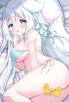  1girl animal_ears aqua_bikini aqua_bow artist_request bikini blue_eyes blush bow breasts censored commentary_request cowboy_shot emoji emoji_censor finger_to_tongue fingernails frilled_bikini frills futaba_sharo hair_bow head_on_pillow highres indie_virtual_youtuber large_breasts long_hair looking_at_viewer lying no_pupils on_bed on_side open_mouth pillow pussy_juice raised_inner_eyebrows saliva second-party_source shoulder_blush side-tie_bikini_bottom solo straight_hair swimsuit tail tongue tongue_out underboob very_long_hair virtual_youtuber white_background wolf_ears wolf_girl wolf_tail 