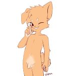  anthro brown_eyes brown_fur canine cub dog flaccid fur grin humanoid_penis male mammal navel nude penis simple_background sion_(artist) smile solo standing young 