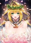  :d ahoge blonde_hair bouquet breasts bride chain cleavage detached_collar fate/grand_order fate_(series) flower green_eyes hair_intakes head_wreath holding holding_bouquet huge_breasts kurumi_moka lock looking_at_viewer md5_mismatch nero_claudius_(bride)_(fate) nero_claudius_(fate)_(all) open_mouth padlock petals pink_flower pink_rose puffy_sleeves rose rose_petals short_hair smile solo upper_body veil white_flower white_sleeves 