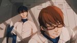  ace_of_diamond autumnsheep backpack bag baseball_cap baseball_uniform black_hat bottle brown-framed_eyewear brown_eyes brown_hair dated furuya_satoru hair_between_eyes hat indoors locker locker_room male_focus miyuki_kazuya multiple_boys shadow signature sitting sportswear water_bottle 