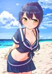  alternate_hairstyle arms_behind_back bangs beach bikini bikini_top blue_bikini blue_hair blush breasts cleavage closed_mouth cloud collarbone commentary cowboy_shot day front-tie_top goe_(g-o-e) hair_between_eyes highres long_hair looking_at_viewer love_live! love_live!_school_idol_project navel ocean outdoors ponytail sailor_collar sailor_shirt sand shirt skirt sonoda_umi stomach swimsuit yellow_eyes 