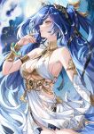  1girl absurdres ancient_greek_clothes artist_name bare_shoulders black_skirt blue_eyes blue_hair breasts chinnpou cleavage commentary fingernails from_side gold_bra greco-roman_clothes hair_belt hand_up head_wreath highres iuno_(wuthering_waves) jewelry long_hair medium_breasts miniskirt parted_lips ring showgirl_skirt skirt solo symbol-only_commentary underboob very_long_hair watermark wuthering_waves 