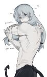  1boy ? blue_eyes blue_hair cowboy_shot da_re666 demon_tail heterochromia highres jujutsu_kaisen long_hair low-tied_long_hair mahito_(jujutsu_kaisen) male_focus pale_skin simple_background sleepy solo stitched_arm stitched_face stitched_groin stitched_neck stitches tail toned toned_male twitter_username white_background yellow_eyes 