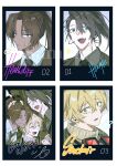  3boys ^_^ annoyed aqua_eyes black-framed_eyewear black_eyes black_hair black_jacket black_necktie blazer blonde_hair border brown_hair brown_sweater character_name closed_eyes closed_mouth collared_shirt cross_scar dark-skinned_male dark_skin frown full-stop_office_(identity)_(project_moon) goggles goggles_around_neck grey_shirt group_hug hair_between_eyes happy headset heathcliff_(project_moon) height_difference heterochromia highres hong_lu_(project_moon) hug jacket layered_sleeves limbus_company long_hair long_sleeves looking_at_viewer male_focus multiple_boys multiple_views necktie nervous open_mouth parted_bangs ponytail project_moon purple_eyes red-tinted_eyewear sample_watermark scar scar_on_face shirt short_hair sigh sinclair_(project_moon) smile soda0606 sweater teeth tinted_eyewear turtleneck turtleneck_sweater upper_teeth_only v-shaped_eyebrows watermark white_border white_shirt 