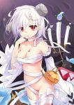  absurdres ahoge azur_lane bandages bangs bare_shoulders bolt breasts cleavage collarbone commentary_request detached_sleeves eyebrows_visible_through_hair hair_over_one_eye halloween highres medium_breasts naked_bandage no_pussy qianqiu_wanxia red_eyes short_hair sleeves_past_wrists solo stitches terror_(azur_lane) white_hair 