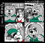  5_fingers ? anthro brain canine chow_chow clothed clothing comic cute_fangs dangling_eyeball dog english_text eyeball eyebrows eyewear feral front_view fully_clothed fur furgonomics gab_shiba gabshiba glasses gore green_topwear group intertwined_fingers jacket mammal movie_theater open_mouth open_smile red_topwear restricted_palette scared shaking shiba_inu shirt shivering shorts smile sound_effects standing t-shirt teeth text tongue tongue_out undead wang_chow zombie 