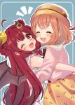  2girls ;d ^_^ blue_background blush brown_dress brown_hat brown_wings cherry_print closed_eyes demon_girl demon_horns demon_wings dress drop_shadow facing_viewer fang flower food_print fruit_print hair_between_eyes hair_bobbles hair_ornament hat hat_flower highres honma_himawari honma_himawari_(6th_costume) horns jacket long_hair long_sleeves multiple_girls nijisanji notice_lines one_eye_closed orange_hair pink_jacket pleated_dress print_dress red_eyes red_hair rino_cnc round_teeth sidelocks sleeveless sleeveless_dress smile sunflower teeth two_side_up upper_teeth_only very_long_hair virtual_youtuber white_dress wings yellow_flower yuzuki_roa yuzuki_roa_(3rd_costume) 
