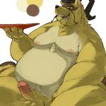  2017 anthro balls belly canine donguri erection humanoid_hands male mammal moobs navel nipples overweight overweight_male penis simple_background sitting solo tanuki white_background 